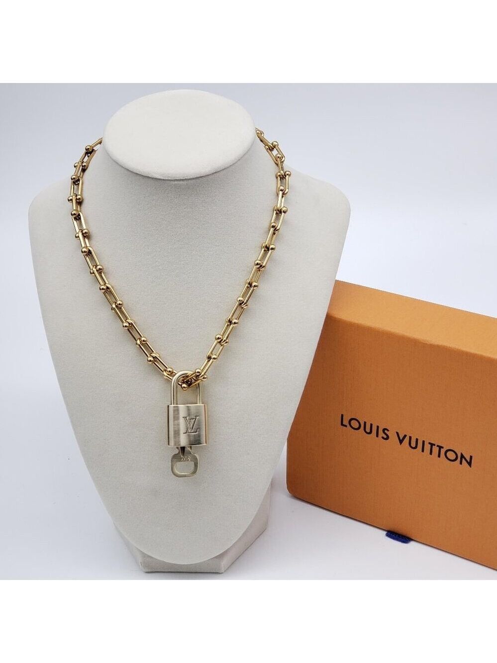 Authentic Louis Vuitton Gold Lock w/ Unbranded Horse Shoe Stainless Steel Chain